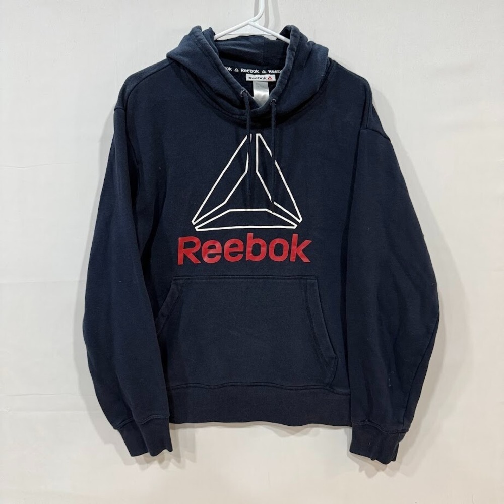 Reebok Hoodie Mens Medium Navy Blue‎ Red Vector Logo Pullover Fleece